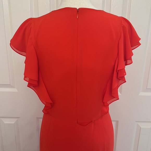 Small BCBGMAXAZRIA red full length gown with ruffle sleeves and side slit. NBW. - Picture 6 of 9